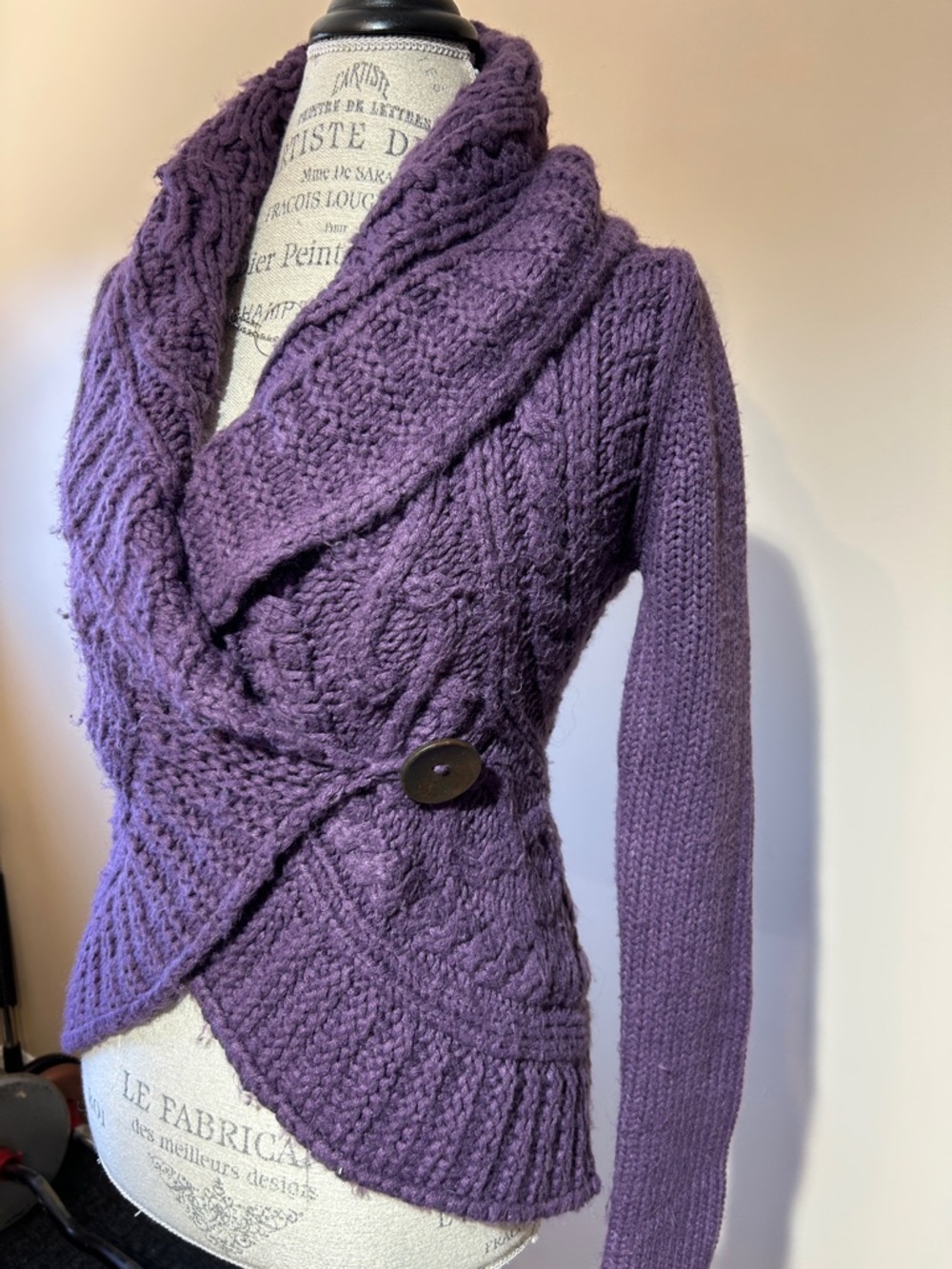 Cable Knit Cardigan, Criss-crossed, Toggle Closure, Purple (size medium)